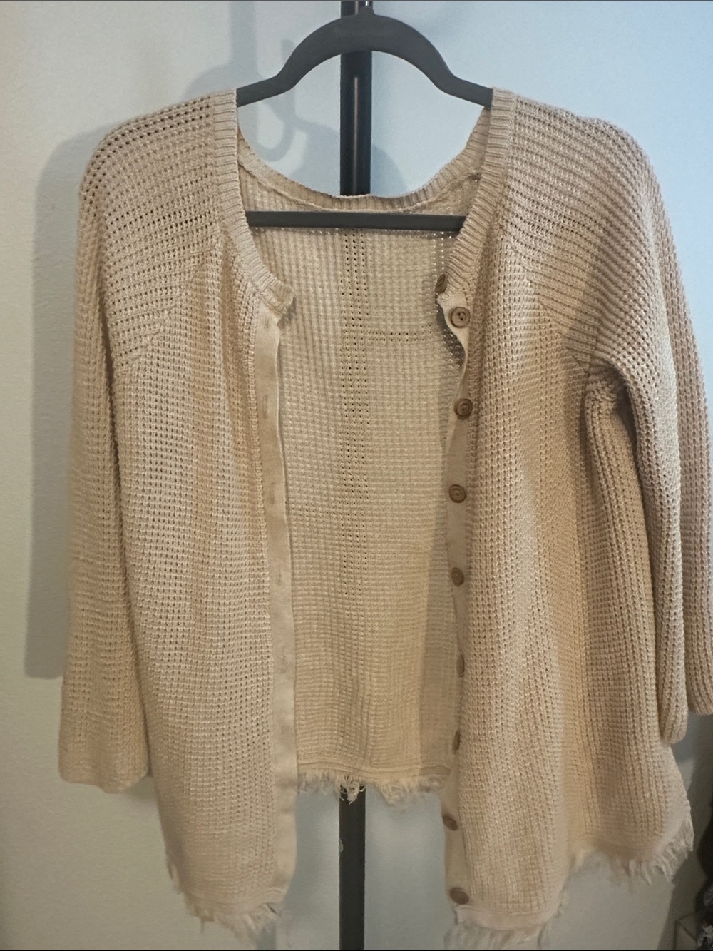 Cream Open-Weave Button Cardigan with Fringe Hem